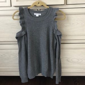 Gray ruffle cold shoulder sweater